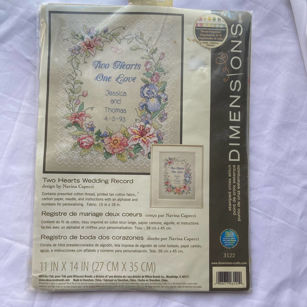 Dimensions Stamped Cross Stitch Two Hearts Wedding Record  One Love 3122